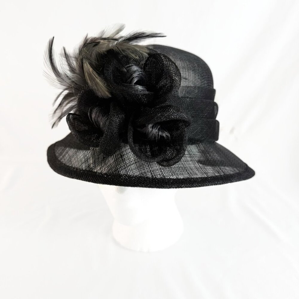 August Hats Feather Flower Cloche Hat, Black, OS NWT